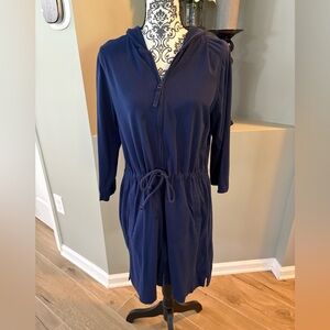Navy Blue Hooded Dress with Drawstring Waist